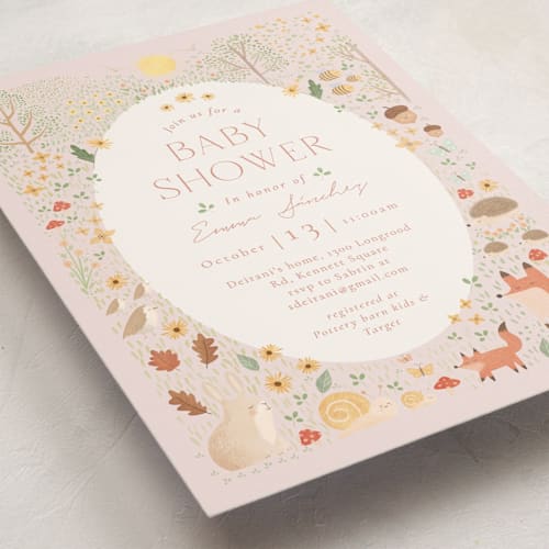 This is a salmon baby shower invitations with standard by Sabrin Deirani called baby shower in the forest printing on signature in standard