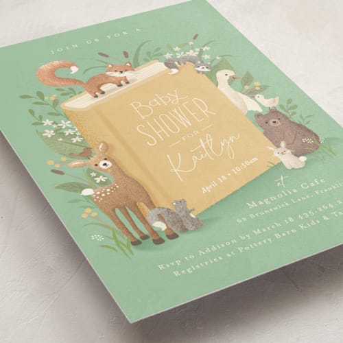 This is a mint baby shower invitations with standard by Jennifer Wick called storybook printing on signature in standard