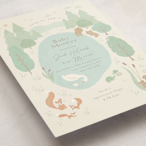This is a seafoam baby shower invitations with standard by Jennifer Wick called forest friends printing on signature in standard