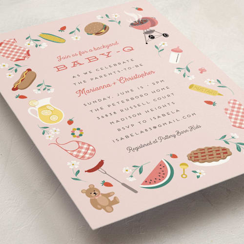 This is a strawberry baby shower invitations with standard by Jamie Alexander called baby-q printing on signature in standard