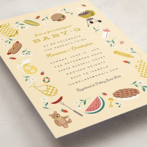 This is a mustard baby shower invitations with standard by Jamie Alexander called baby-q printing on signature in standard