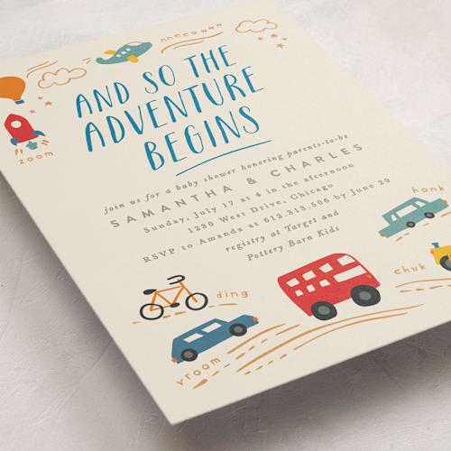 This is a blue jay baby shower invitations with standard by Creo Study called adventure begins printing on signature in standard