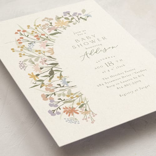 This is a vanilla baby shower invitations with standard by Jennifer Wick called meadow flowers printing on signature in standard