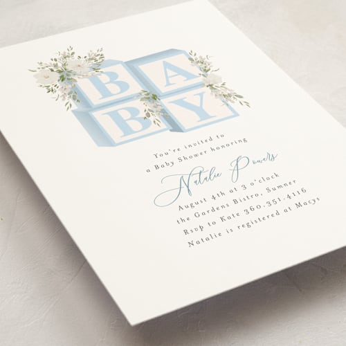 This is a baby blue baby shower invitations with standard by Itsy Belle Studio called botanical blocks printing on signature in standard