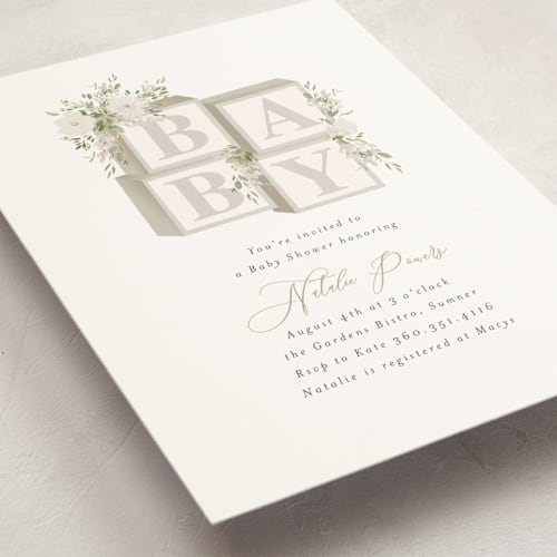 This is a greige baby shower invitations with standard by Itsy Belle Studio called botanical blocks printing on signature in standard