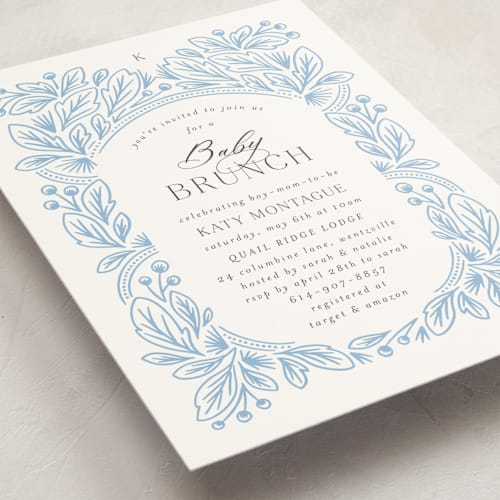 This is a powder baby shower invitations with standard by Jen Owens called arch printing on signature in standard