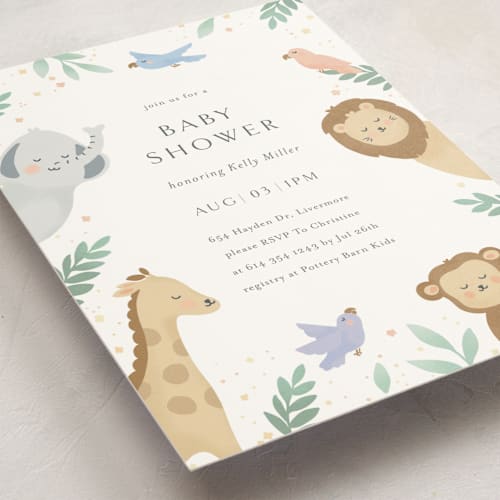 This is a mint baby shower invitations with standard by Christy Hy Lee called jungle animals printing on signature in standard