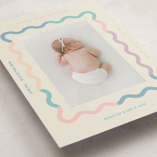 This is a cream birth announcements with standard by Baumbirdy called wavy pastel frame printing on signature in standard