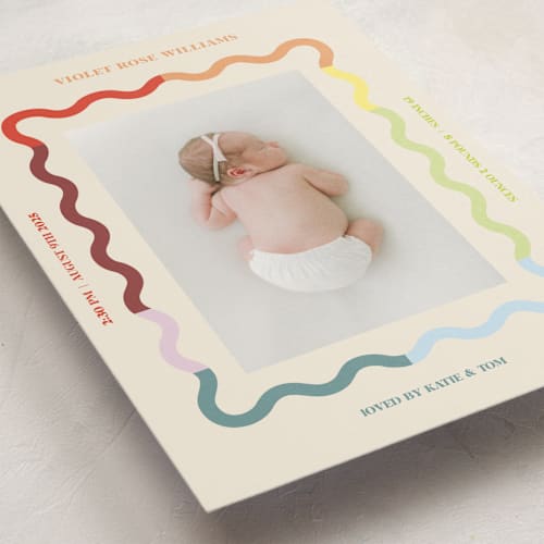 This is a persimmon birth announcements with standard by Baumbirdy called wavy pastel frame printing on signature in standard