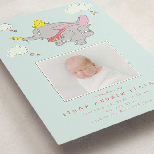 This is a baby blue birth announcements with standard by Kanika Mathur called disney's baby dumbo printing on signature in standard