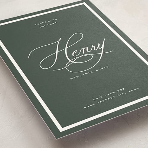 This is a forest birth announcements with standard by Blustery August called welcome baby printing on signature in standard