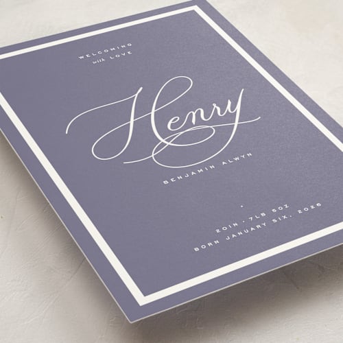 This is a violet birth announcements with standard by Blustery August called welcome baby printing on signature in standard