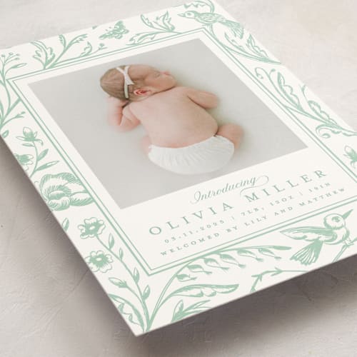 This is a forest birth announcements with standard by Teju Reval called dreamy garden printing on signature in standard
