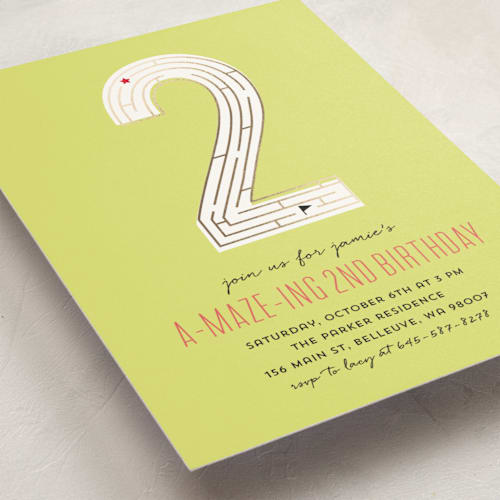 This is a citrus kids birthday invitations with foil pressed by Anupama called a-maze-ing party printing on signature in standard