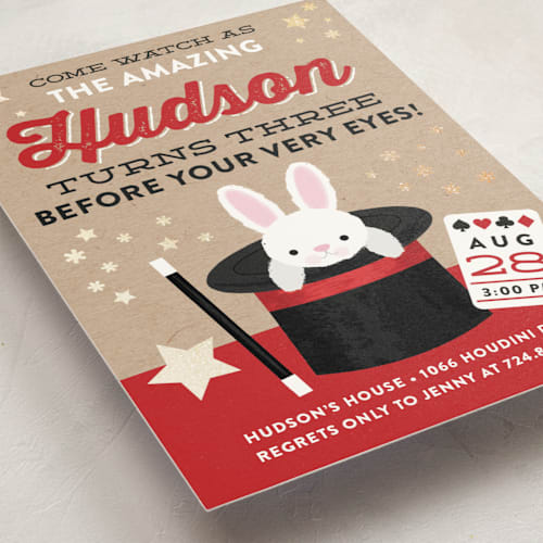 This is a firetruck kids birthday invitations with foil pressed by One Swell Studio called before your very eyes printing on signature in standard