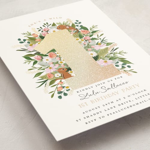 This is a blush kids birthday invitations with foil pressed by Susan Moyal called she's a wild one printing on signature in standard