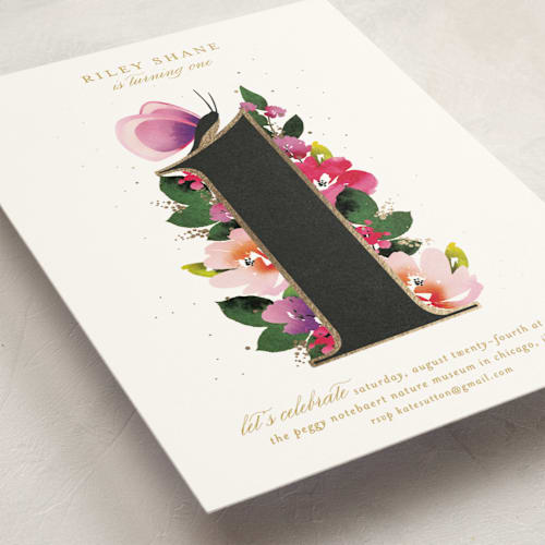 This is a peony kids birthday invitations with foil pressed by Angela Marzuki called butterfly garden printing on signature in standard