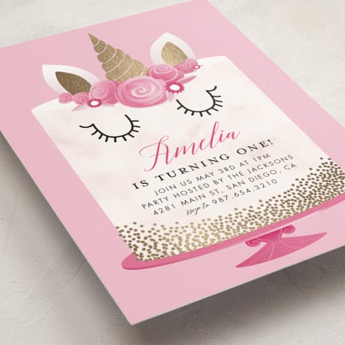 This is a candy kids birthday invitations with foil pressed by Katie Zimpel called unicorn cake printing on signature in standard
