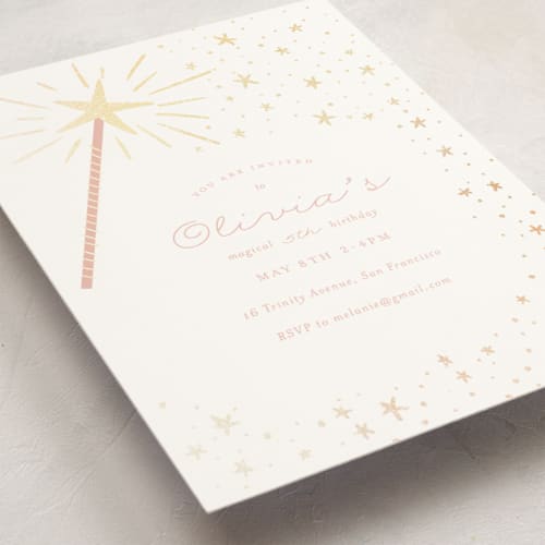 This is a cotton candy kids birthday invitations with foil pressed by Jackie Crawford called magical wand printing on signature in standard