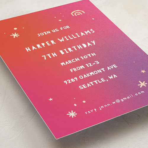 This is a fruit punch kids birthday invitations with foil pressed by Rebecca Durflinger called bright sparkle printing on signature in standard