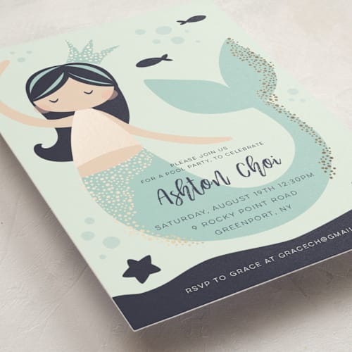 This is a deep sea kids birthday invitations with foil pressed by peetie design called glitter mermaid printing on signature in standard