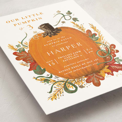This is a pumpkin kids birthday invitations with foil pressed by Corie Page called pumpkin patch printing on signature in standard