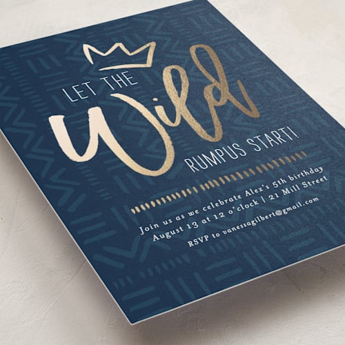 This is a navy kids birthday invitations with foil pressed by Anelle Mostert called wild rumpus printing on signature in standard