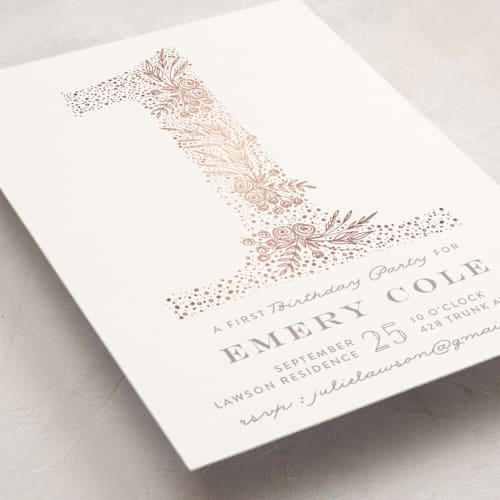 This is a rose gold kids birthday invitations with foil pressed by Phrosné Barwood called floral one printing on signature in standard