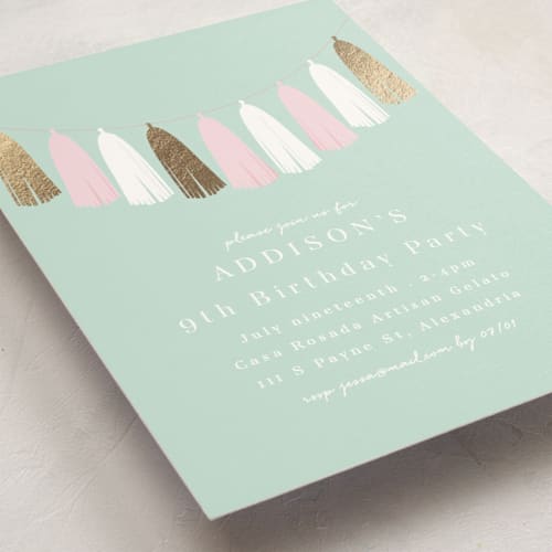 This is a peppermint kids birthday invitations with foil pressed by Angela Thompson called gilded garland printing on signature in standard