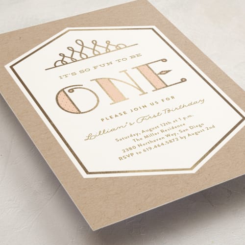 This is a blush kids birthday invitations with foil pressed by Erica Krystek called pink & gold printing on signature in standard