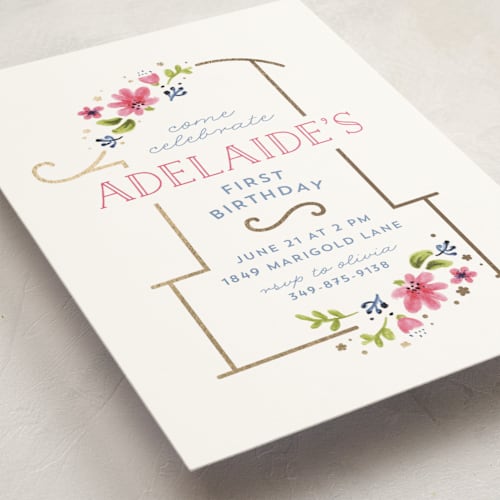This is a gold kids birthday invitations with foil pressed by JeAnna Casper called simply sweet one printing on signature in standard