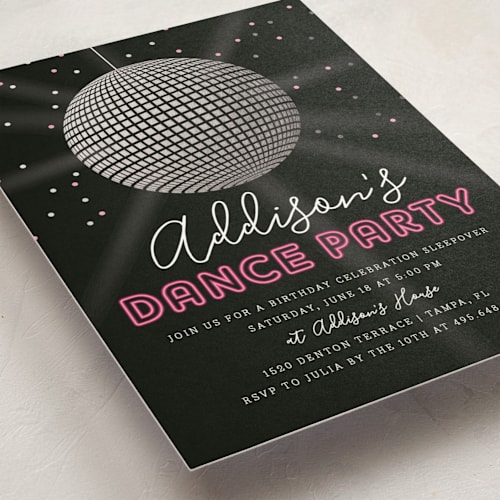 This is a raspberry kids birthday invitations with foil pressed by Kelly Nasuta called dance party printing on signature in standard