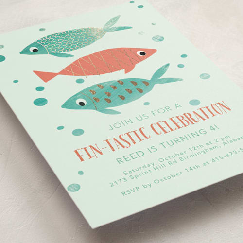 This is a papaya kids birthday invitations with foil pressed by Hallie Fischer called fin-tastic celebration printing on signature in standard