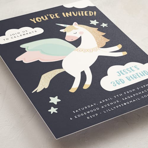 This is a azure kids birthday invitations with foil pressed by peetie design called magical pegasus printing on signature in standard