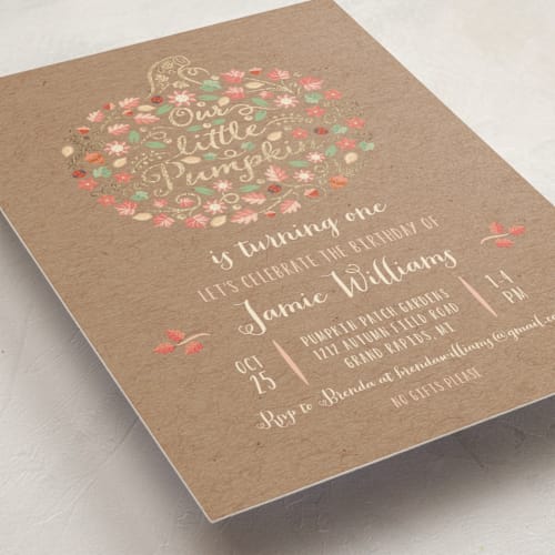 This is a kraft kids birthday invitations with foil pressed by Paper Sun Studio called little pumpkin printing on signature in standard