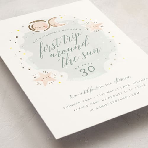 This is a sky kids birthday invitations with foil pressed by Lori Wemple called birthday stars printing on signature in standard