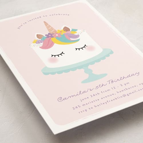 This is a strawberry kids birthday invitations with foil pressed by Annie Holmquist called sweet unicorn printing on signature in standard