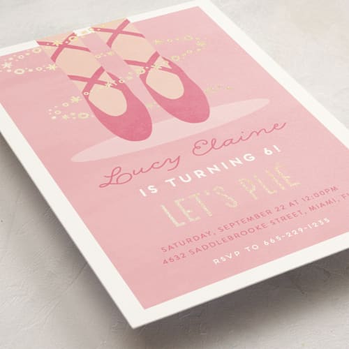This is a bubblegum kids birthday invitations with foil pressed by Jen Banks called let's plie printing on signature in standard