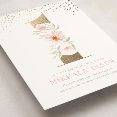 This is a burnt rose kids birthday invitations with foil pressed by Rochelle Renee called floral glimmer printing on signature in standard