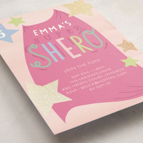 This is a carnation kids birthday invitations with foil pressed by Baumbirdy called shero party printing on signature in standard