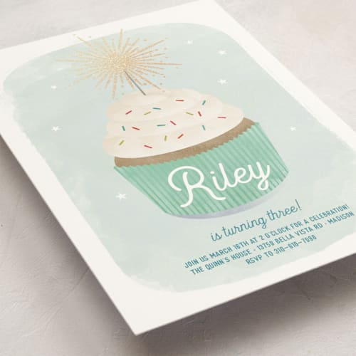 This is a spearmint kids birthday invitations with foil pressed by Lorent and Leif called sparkler printing on signature in standard