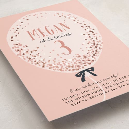 This is a dusty rose kids birthday invitations with foil pressed by Cass Loh called confetti balloon printing on signature in standard