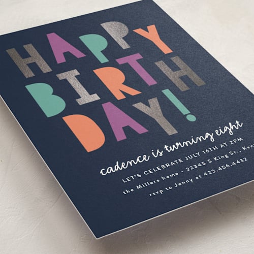 This is a cobalt kids birthday invitations with foil pressed by Angela Garrick called happybirthday printing on signature in standard