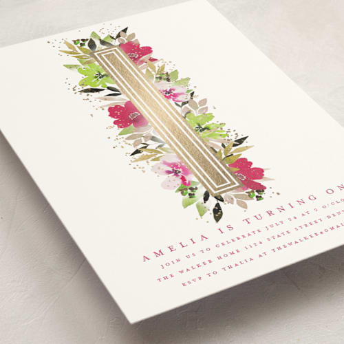 This is a petal kids birthday invitations with foil pressed by Grace Kreinbrink called blooming one printing on signature in standard