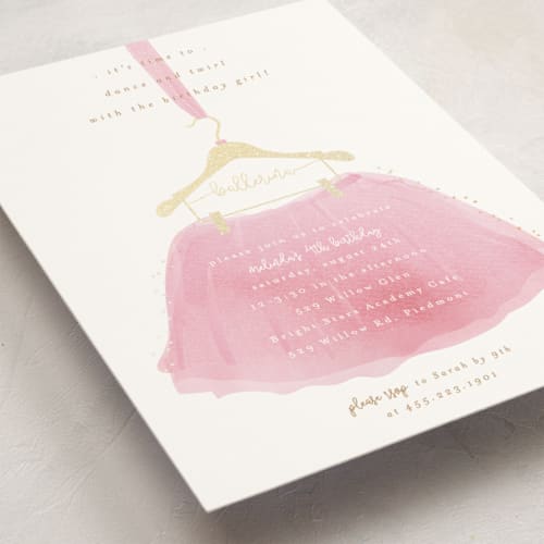 This is a rose kids birthday invitations with foil pressed by Kanika Mathur called little ballerina printing on signature in standard