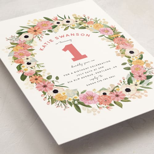 This is a papaya kids birthday invitations with foil pressed by Susan Moyal called flower crown party printing on signature in standard