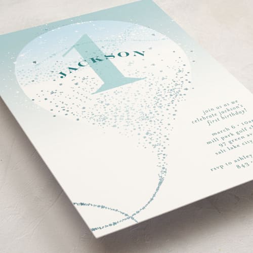 This is a teal kids birthday invitations with foil pressed by Phrosné Barwood called whimsical balloon printing on signature in standard