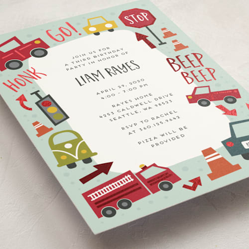This is a aqua kids birthday invitations with foil pressed by Amy Payne called shiny cars printing on signature in standard