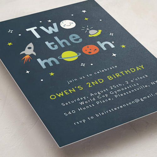 This is a midnight kids birthday invitations with foil pressed by Annie Holmquist called two the moon printing on signature in standard