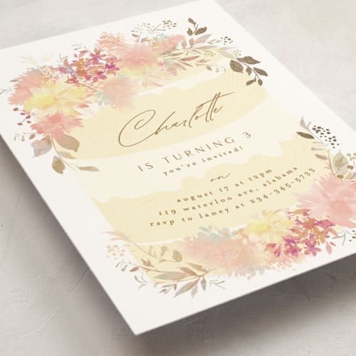 This is a spring kids birthday invitations with foil pressed by Phrosné Barwood called spring birthday cake printing on signature in standard